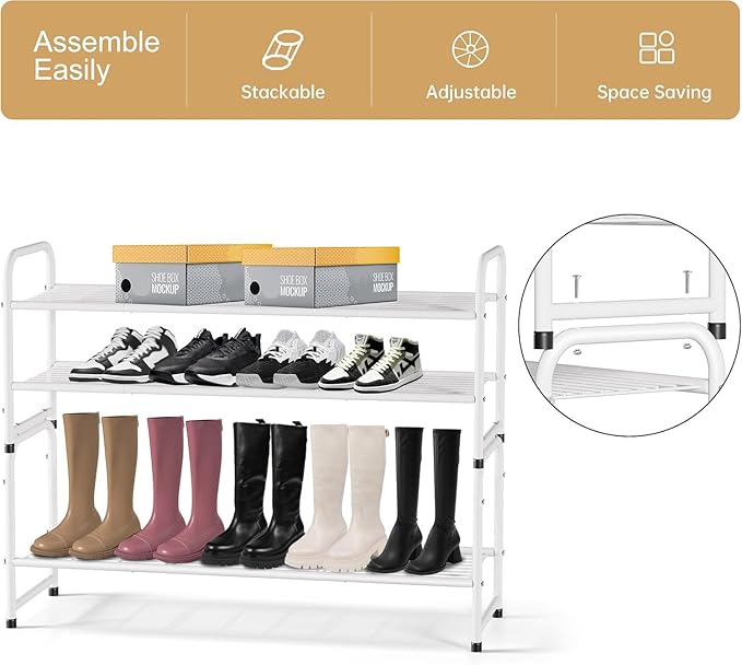 KEETDY 2-Tier Long Shoe Rack for Closet Entryway Shoe Organizer for 18 Pairs Sneakers, Metal Stackable Shoe Storage Shelf with Wire Grid for Bedroom, Floor, White