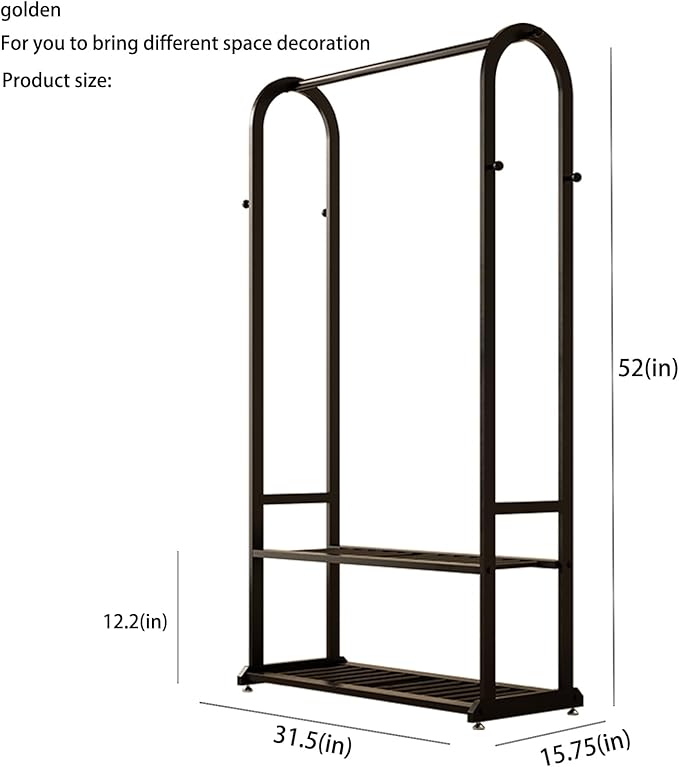 Sturdy heavy duty clothes rack,Black clothing rack with bottom shelves and 6 side hooks,Metal garment rack for hanging clothes,Wardrobe rack for Bedroom