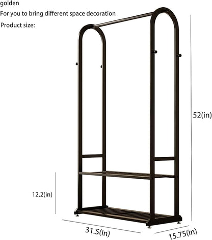 Sturdy heavy duty clothes rack,Black clothing rack with bottom shelves and 6 side hooks,Metal garment rack for hanging clothes,Wardrobe rack for Bedroom