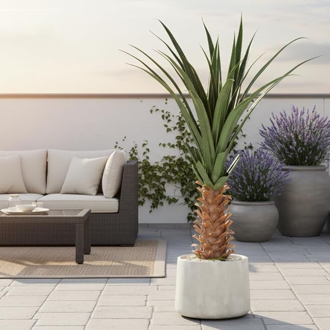 4ft Artificial Agave Plant, Realistic Faux Spiked Agave Tree with Lifelike Leaves and Moss in White Pot, Indoor Outdoor Floor Plant for Home Office Patio Porch Decor