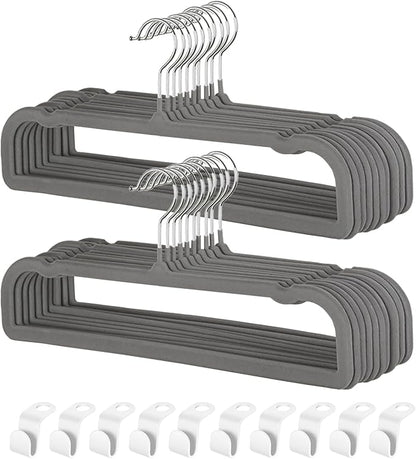 Velvet Pants Hangers with Non Slip Bar, 20 Pack Felt Slack/Trouser Hangers for Closet, Slim Space Saving Closet Perchas Terciopelo 360° Swivel Hook for Tank Top, Bra, Shorts, Jeans, Towel (Grey)