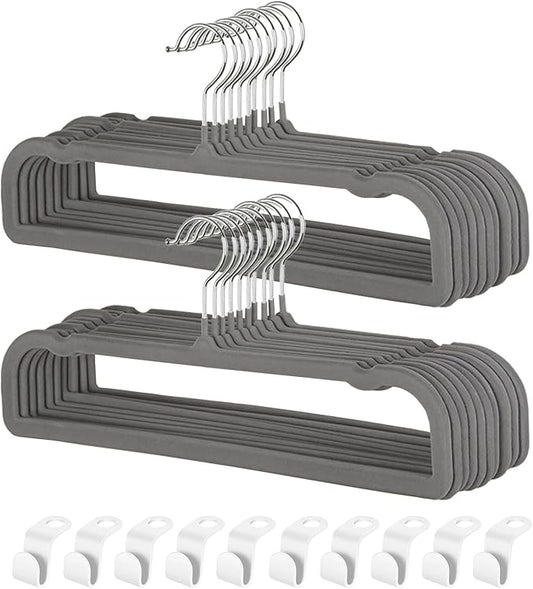 Velvet Pants Hangers with Non Slip Bar, 20 Pack Felt Slack/Trouser Hangers for Closet, Slim Space Saving Closet Perchas Terciopelo 360° Swivel Hook for Tank Top, Bra, Shorts, Jeans, Towel (Grey)