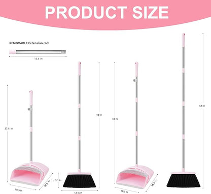 Pink Broom and Dustpan Set, 52” Long Adjustable Handle Broom with Dustpan Combo Set with Dust Pan Teeth to Clean Hair for Home Lobby Office