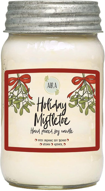 Aira Soy Candles - Organic, Kosher, Vegan, in Mason Jar w/Therapeutic Essential Oils - Hand-Poured 100% Soy Candle Wax - Paraffin Free, Burns 110+ Hours - Holiday Mistletoe Christmas Candle - 16 Oz