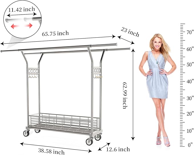 Heavy Duty Clothes Rack - Double Rod Clothing Racks for Hanging Clothes, Portable & Adjustable Garment Rack with Wheels, Rolling Clothes Rack Load 670LBS for Bedrooms, Laundry, Closet (Sliver)