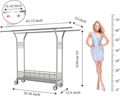 Heavy Duty Clothes Rack - Double Rod Clothing Racks for Hanging Clothes, Portable & Adjustable Garment Rack with Wheels, Rolling Clothes Rack Load 670LBS for Bedrooms, Laundry, Closet (Sliver)