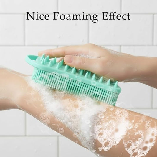 2 PCS Soft Silicone Body Scrubber, 2 in 1 Exfoliating Shower Bath Scrubber, Silicone Loofah Bath and Shampoo Brush Body Shower Use Shower Hair Scalp Massager, Easy to Clean, Lather Well (Black&Green)