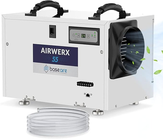 BaseAire Basement Crawl Space Dehumidifier 113 Pint with Continuous Drain Hose, Compact Commercial Industrial Home Dehumidifiers for Crawlspace Garage Attic Whole House
