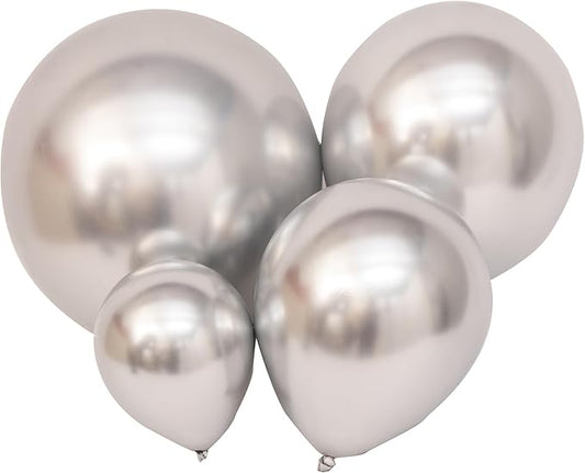 100 Pcs Metallic Silver Balloons Different Sizes 18 inch +12 inch +10 inch +5 inch Chrome Silver Latex Balloons for Birthday Party Wedding Baby Shower Decoration