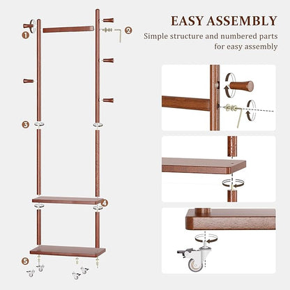 Coat Rack Freestanding Clothing Rack with Wheels & 2 Shelves Storage & 5 Hooks Heavy Duty Clothes Rack Wood Coat Tree Stand Hat Hanger Rack for Corner Bedroom Entryway Living Room Hotel Size L