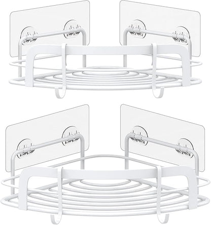 STEUGO 2-Pack Corner Shower with 4 Hooks Adhesive, Bathroom Shower Rack Rust Resistant SUS304 Stainless Steel for Dorm Bathroom Kitchen Storage (White)