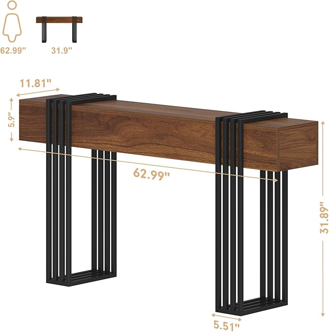 63 Inch Long Console Table, Extra Thick Industrial Sofa Table Behind The Couch Rectangular Entryway Table for Entrance Hallway Living Room, Entire top Board & 4-Pipe Legs, Rustic Brown