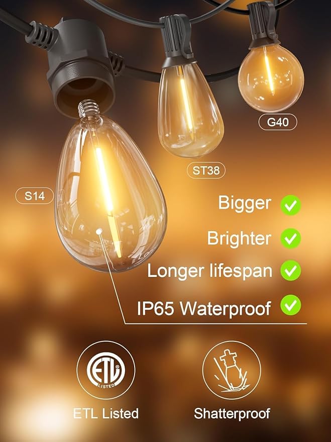 Svater Outdoor String Lights LED 25 FT, Patio Lights for Outside Waterproof IP65 with Shatterproof LED Bulbs, Cafe Bistro Backyard Balcony Hanging Light Warm White