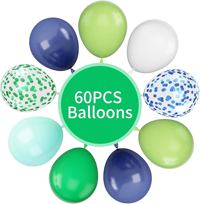 60Pcs Blue and Green Balloons, 12 Inch Navy Blue Fruit Green Confetti Balloons Teal Blue White Latex Balloon for Kids Birthday Baby Shower Jungle Dinosaur Theme Party Decorations