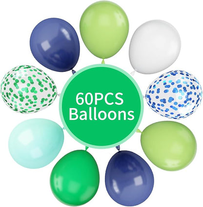 60Pcs Blue and Green Balloons, 12 Inch Navy Blue Fruit Green Confetti Balloons Teal Blue White Latex Balloon for Kids Birthday Baby Shower Jungle Dinosaur Theme Party Decorations
