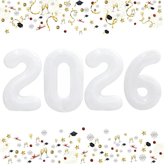 GOER 42 Inch 2026 Foil Number Balloons for 2026 New Year Eve Festival Party Supplies Graduation Decorations (White)
