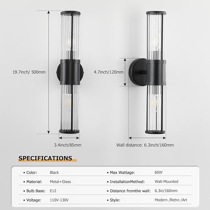 JOOSENLUX Black Vanity Light, Set of 2 Bathroom Sconces with E12 Base and Glass Rod Design – Modern Bathroom Vanity Light Fixture for Mirror, Powder Room, Bedroom, Hallway