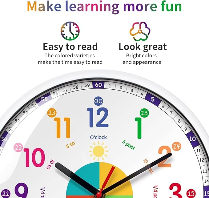 Wall Clock for Kids with Silent Non Ticking Sweep Quartz Mechanism - Easy to Read & Learn to Tell Time,Quiet Child Wall Clock Perfect for Parents and Teachers, Kids Bedroom or Classroom / 12 Inch