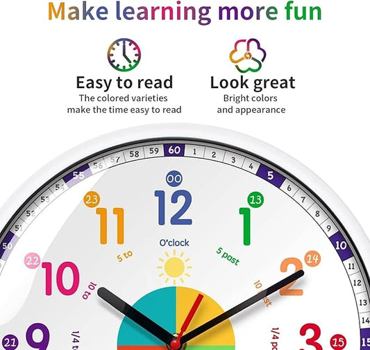 Wall Clock for Kids with Silent Non Ticking Sweep Quartz Mechanism - Easy to Read & Learn to Tell Time,Quiet Child Wall Clock Perfect for Parents and Teachers, Kids Bedroom or Classroom / 12 Inch