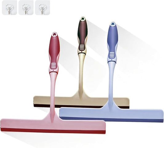 3Pcs Hand Squeegee for Shower Glass - Durable Rubber Grip,Flexible Silicone Blade, with 3 Adhesive Hooks Lightweight Ergonomic Shower Squeegee for Glass Doors, Windows, and Tiles