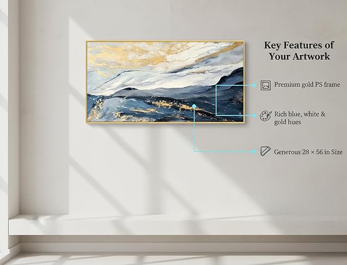 Large Blue and Gold Abstract Canvas Wall Art for Living Room, Framed Mountain Blue Oil Painting for Bedroom,Modern Landscape Office Wall Decor Ready to Hang 28x56 Inches