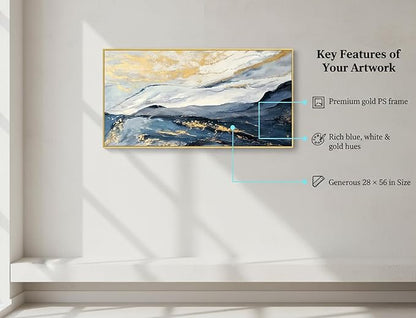 Large Blue and Gold Abstract Canvas Wall Art for Living Room, Framed Mountain Blue Oil Painting for Bedroom,Modern Landscape Office Wall Decor Ready to Hang 28x56 Inches