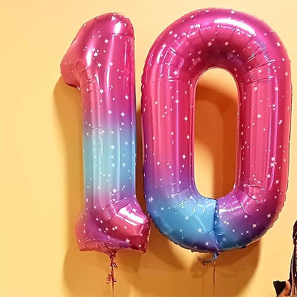 Gradient Blue Pink Number Balloons, 40" Large Rainbow Number 6 Foil Mylar Helium Balloons for Girls Women, Colorful Starry Self Inflating Number Balloons 0-9 for Birthday Party Celebration Decoration