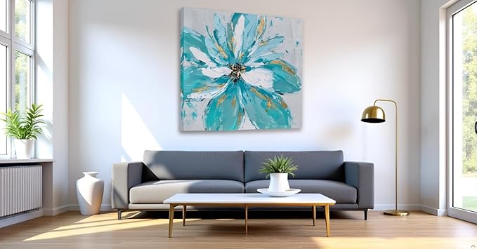 Yihui Arts Hand Embellished Floral Canvas Wall Art with Textured Details & Gold Foil Accents, Modern Teal Flower Painting for Home Decor