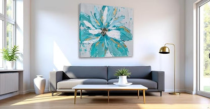 Yihui Arts Hand Embellished Floral Canvas Wall Art with Textured Details & Gold Foil Accents, Modern Teal Flower Painting for Home Decor