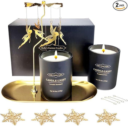 Kelly's Custom Candles Rotating Candle Set, Candles for Women - Sandalwood Rose & Lavender Eucalyptus, Angel+Snowflake Design, Aromatherapy, Stress Relief, 2x16 oz, Black