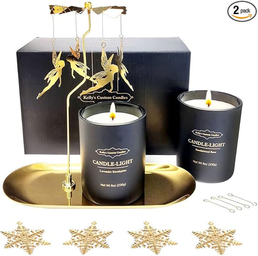Kelly's Custom Candles Rotating Candle Set, Candles for Women - Sandalwood Rose & Lavender Eucalyptus, Angel+Snowflake Design, Aromatherapy, Stress Relief, 2x16 oz, Black