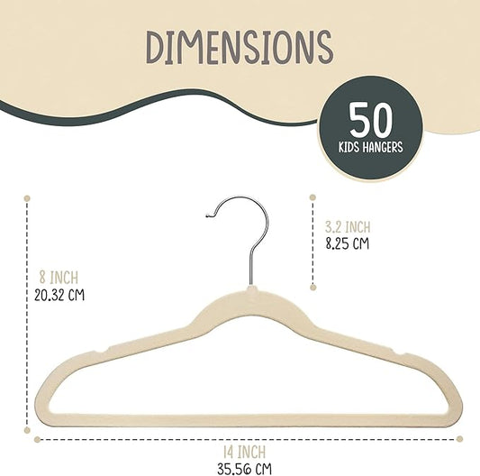 50 Premium Kids Velvet Hangers - 14" Non-Slip Clothes Hangers for Kids & Preteens - Ultra Slim, Space-Saving, Strong & Durable Hangers with 360° Swivel Hook - Ivory