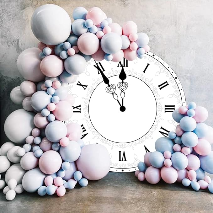 5.5x5.5ft Happy New Year Round Backdrop Cover Polyester Luxury White Clock New Year Countdown Photography Background for Family Xmas Eve Party Decorations Kids Adults Portrait Props