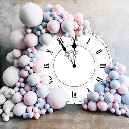 5x5ft Happy New Year Round Backdrop Cover Polyester Luxury White Clock New Year Countdown Photography Background for Family Xmas Eve Party Decorations Kids Adults Portrait Props