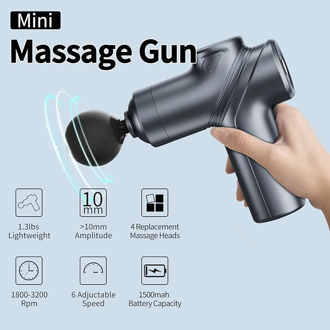 Massage Gun Deep Tissue,Small Travel Percussion Massage Gun with 4 Massage Heads 6 Speeds for Relieving Muscle Soreness for Office Gifts（Blue）