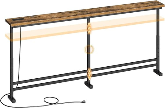 78.7" Console Table with Adjustable Height (27.6"-35.4") and Power Outlet, Skinny Behind Couch Table, Narrow Long Sofa Table for Living Room, Hallway, Entryway, Rustic Brown and Black CT09UBR