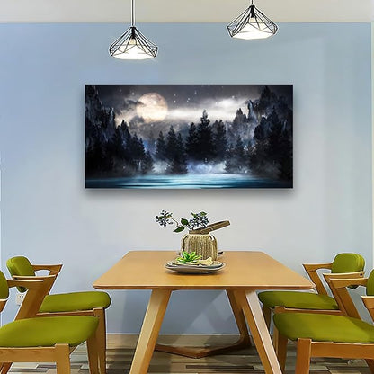 Mountain Moon Pictures Canvas Wall Art for Living room Office Bedroom Wall Decor,Moon Wall Art Print Paintings Modern Forest Nature Blue Lake Artwork Waterproof Ready to Hang-20x40inch