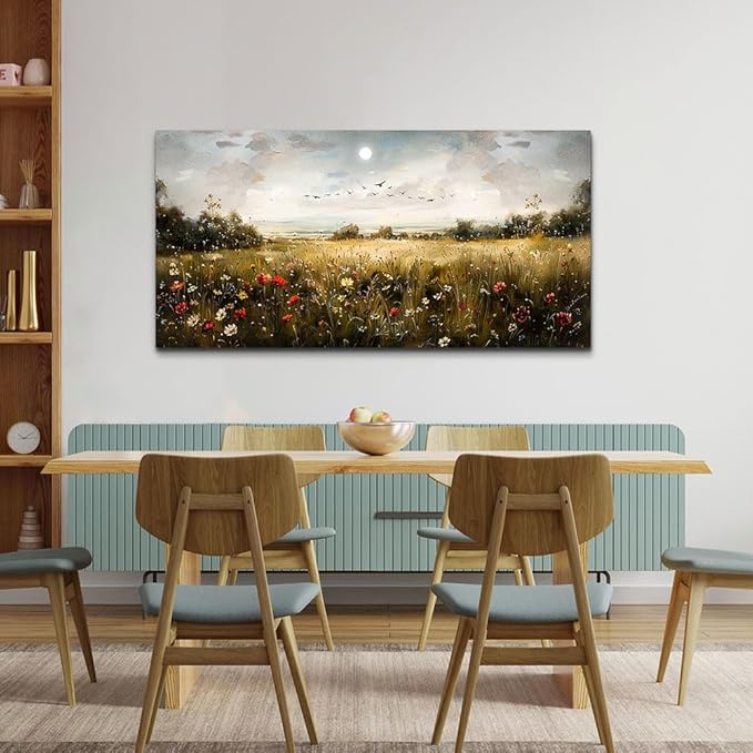 Wapluam Large Wall Art Living Room Wall Decor for Bedroom Wildflower Field Vintage Wall Art Canvas Prints Paintings Farmhouse Artworks Pictures Modern Aesthetic Home Wall Decoration Ready To Hang