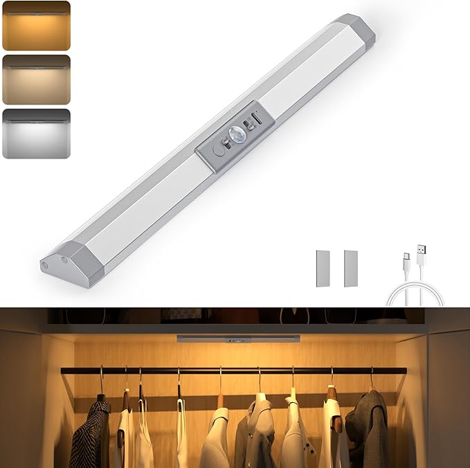 WOBANE LED Closet Lights Motion Sensor with Eye-Protection,Rechargeable Wardrobe Lighting with 3 Color,Dimmable Battery Operated Light Indoor for Bed,Shelf,Drawers,Gun Safe,900mAh,1PCS