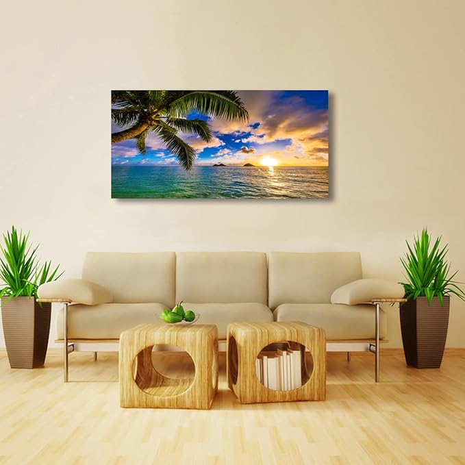 Seascape Sunset Pictures Canvas Wall Art For Living Room Bedroom Wall Decor,Palm Wall Art Print Paitnings For Home Decor,Morden Artwork Coconut Tree Canvas Art Waterproof Ready To Hang-24x48 Inches