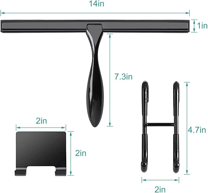 Shower Squeegee for Glass Doors,14-Inch Shower Glass Squeegee, Matte Black Shower Squeegee for Shower Doors,Mirror,Windows, with Shower Door Hook and Adhesive Hook