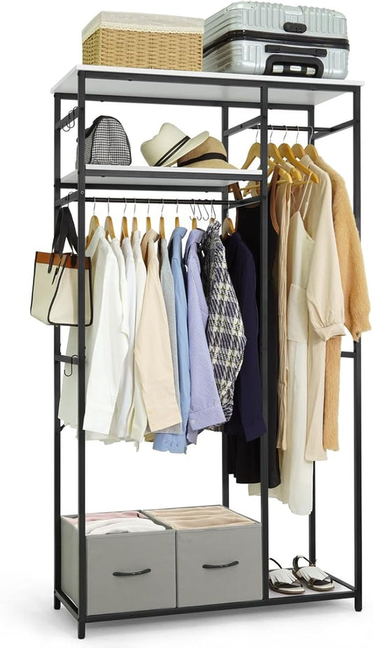 CAPHAUS 550 lbs Capacity Heavy Duty Clothing Rack, 40" W Metal Garment Rack with Drawers Hanging Rods and Wood Shelves Freestanding Closet Organizer, White Board