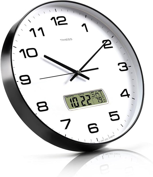 Wall Clock, 14" Large Dial Non-Ticking Silent Battery Operated Analog with LCD Display for Perpetual Calendar and F° Temperature, Ideal Modern Home, Bedroom, Office Decor (Black)