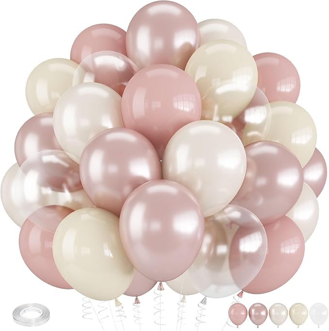 Dusty Pink Balloons, 12 Inch Double Stuffed Blush Pale Light Pink and Pearl Balloon Clear Balloon for Women Girls Baby Shower Bridal Shower Wedding Boho Birthday Party Decorations