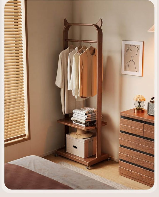 Solid Wood Clothes Rack for Hanging Clothes, Rolling Clothing Racks with Shelves, Portable Closet Organizer on Wheels Garment Rack (Walnut)