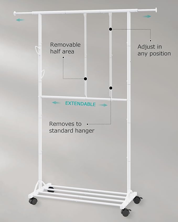 FAVOOSTY Clothing racks for hanging clothes with wheels, Adjustable Dismantle Double Rod, Heavy Duty Clothes Organizer Hanging, Pants Scarves Dress Suits, Multi-functional, Bedroom Studio White
