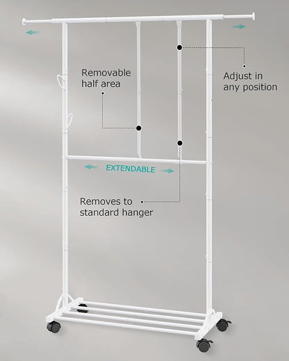 FAVOOSTY Clothing racks for hanging clothes with wheels, Adjustable Dismantle Double Rod, Heavy Duty Clothes Organizer Hanging, Pants Scarves Dress Suits, Multi-functional, Bedroom Studio White
