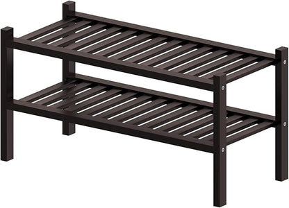 2 Tier (Thick) Bamboo Shoe Rack for Closet Free Standing Wood Shoe Shelf for Entryway Small Space Stackable 27"x12"x14" (Black Brown)