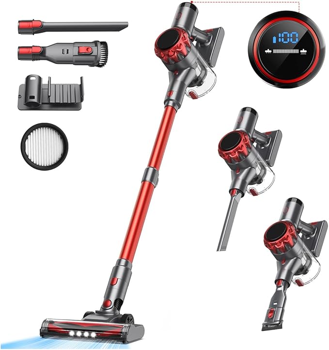 S3 Cordless Vacuum Cleaner, 45kPa Powerful Vacuum Cleaners for Home, 55-Min Runtime Rechargeable Stick Vacuum, Self-Standing, for Pet Hair Carpet Hard Floor, LED Display
