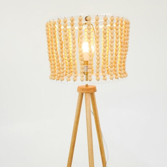Modern Farmhouse Tall Lamps for Bedroom Office Birch Wood Beaded Table Floor Lamp Three Legged Floor Lamp for Living Room, Bedside, Study Room